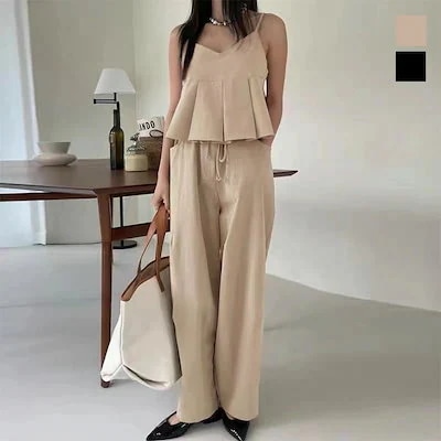 Hot!!!セットアップ ペプラムキャミソール ワイドパンツ ハイウエスト カジュアル 大人可愛い お出かけ 旅行 デート 女子会 レディース 春 夏 人気 プチプラ 韓国ファッション