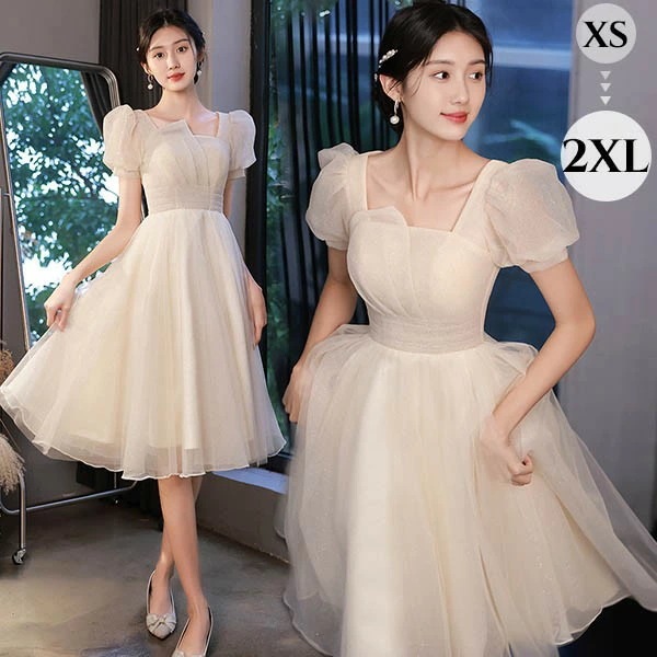 ミニ丈 ドレス ベージュ ショートドレス 袖あり 大きいサイズ 小さいサイズ Aライン カクテルドレス パフスリーブ 半袖 ひざ上丈 パーティードレス 結婚式 母親 ドレス ピアノ 発表会 演奏会 披
