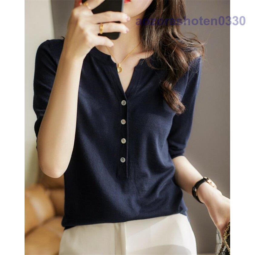 Tシャツ ニット レディース 無地 Ｖネック 半袖 ニットTシャツ サマーニット 着痩せ トップス 夏 洋服