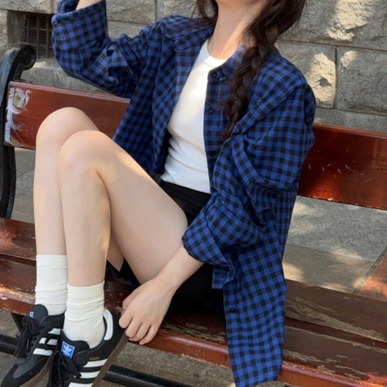 【急速出荷!】24トップス シャツ 長袖 ボタン 襟 チェック柄 ゆったり 細見え 青 ブルー おしゃれ かわいい 韓国ファッション レディース お出かけ