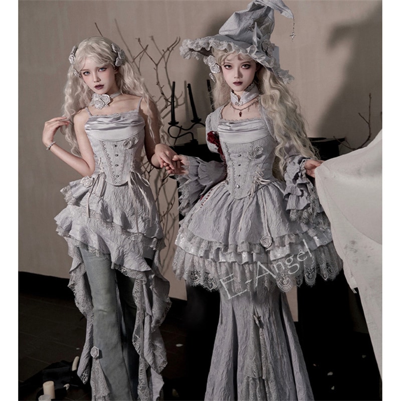 ハロウィーン 魔女 コスプレ クゴシックロリータセット シルバーグレー キャミトップス ジーンズ ミニスカート フィッシュテールスカート オリジナル ロリータ服 コスチューム