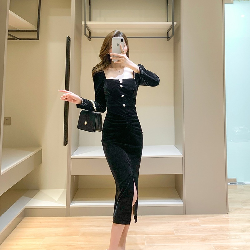 ワンピース ミモレ 長袖 パフスリーブ スクエアネック スリム タイト 細身 スリット ハイウエスト