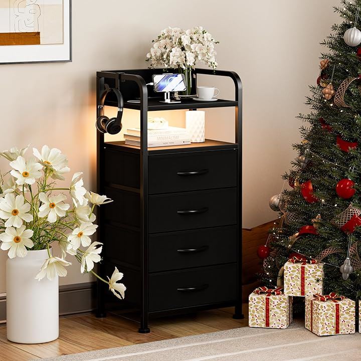 チェスト 棚付き 収納チェスト タンス LEDライト付き キャビネット引き出し 洋服収納 箪笥リビング収納 布製引き出し 寝室収納ケース USBポート 衣類収納 軽量 薄型(ブラック)