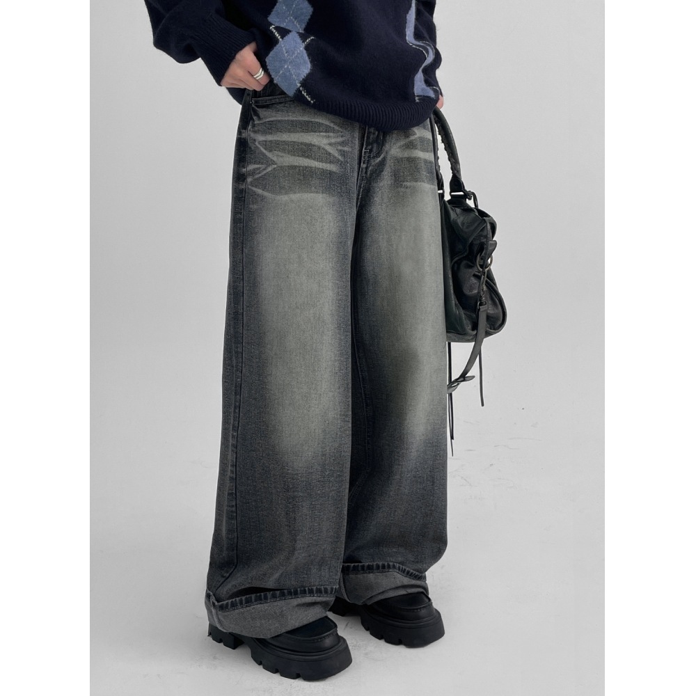 ブラックアップビッグビンテージウォッシュワイドデニムパンツ