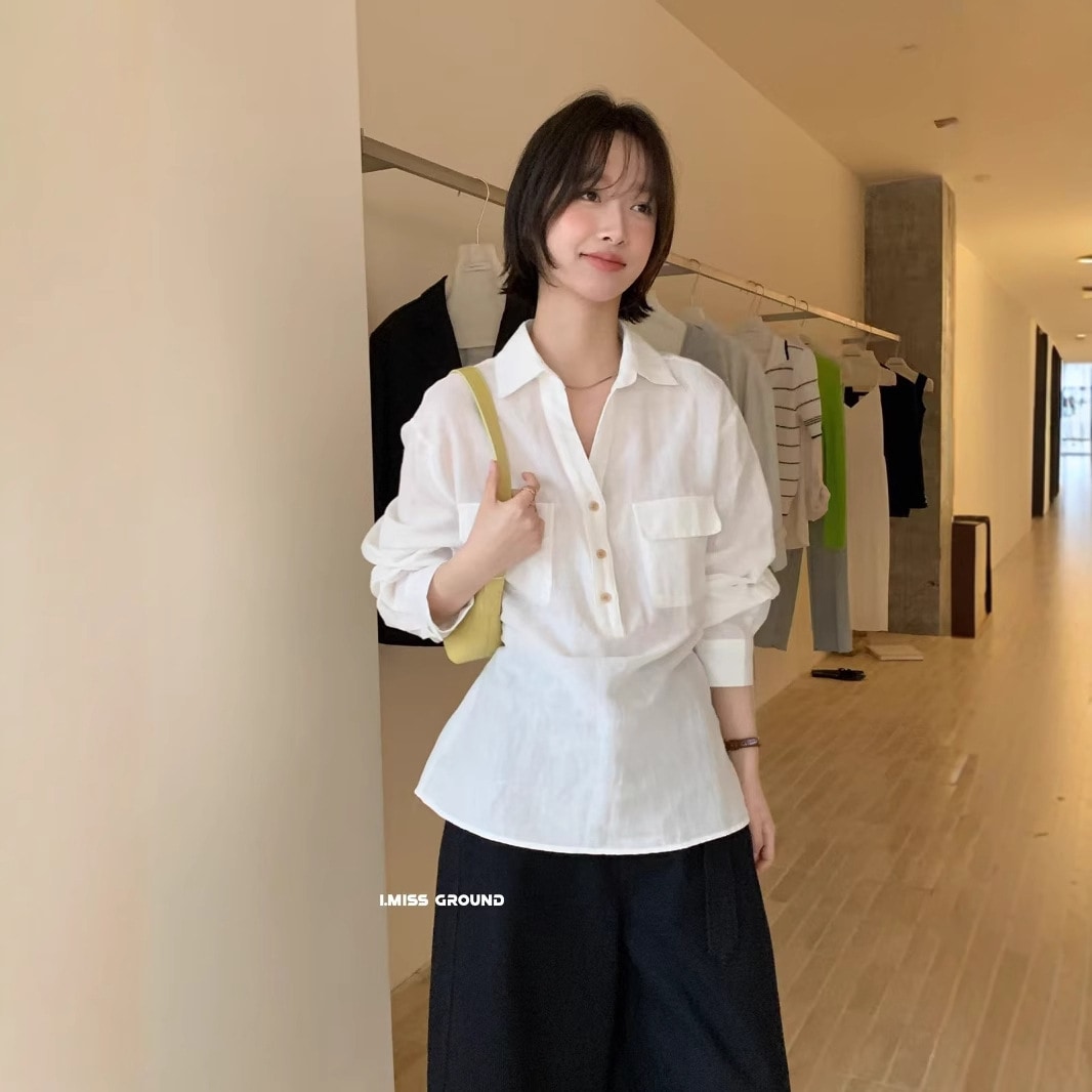 Imiss Korean Highend Lapelポケットコットンリネン女性用の長袖シャツ春と秋のデザイン汎用シャツz70585