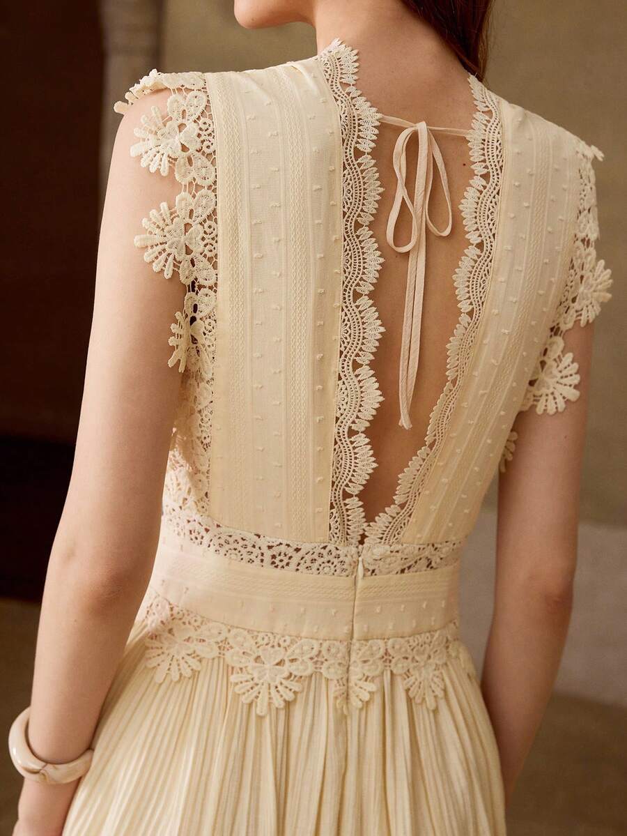 レディース アプリコット 刺繍レース パッチワーク Vネック ノースリーブ ドレスカジュアル&デートウェア春夏