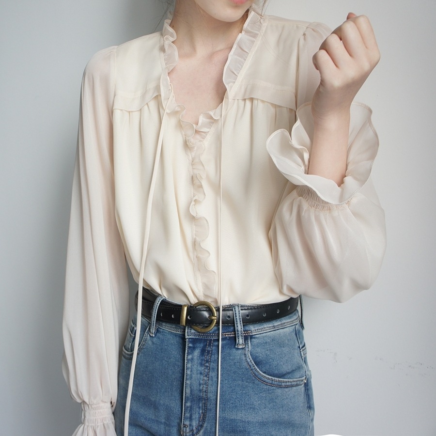 オーバーサイズ 首元リボン キャンディスリーブ トップス ブラウス ミディアム丈 袖あり 長袖