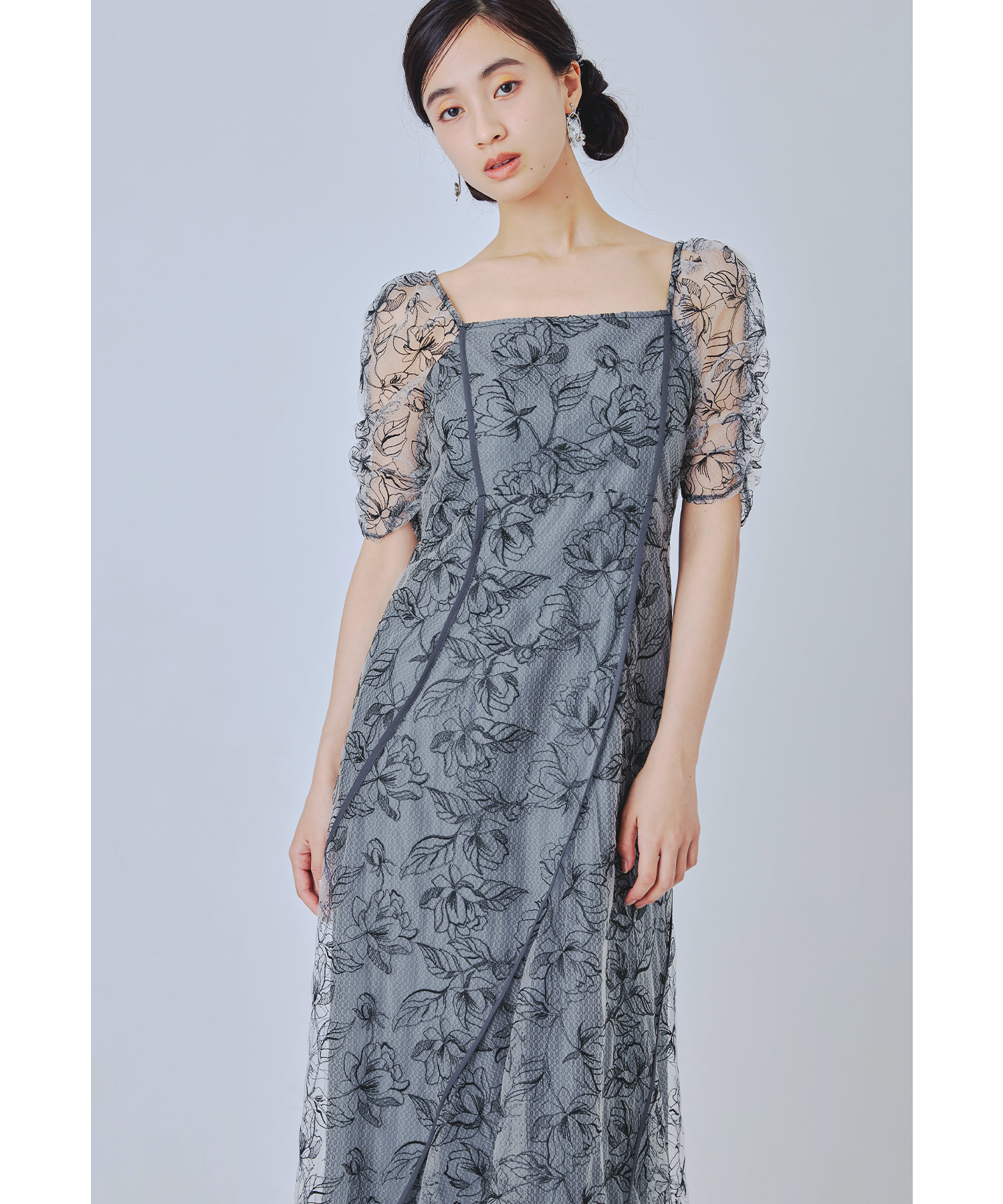 フラワーウェーブパイピングドレス パーティードレス 結婚式 花柄 チュール シアー スクエアネック マーメイドスカート お呼ばれ パーティー 二次会 披露宴 謝恩会 成人式 同窓会 卒業式