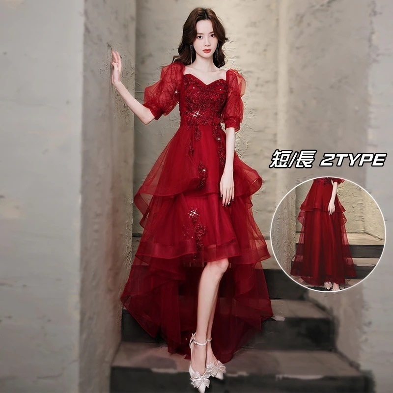 マキシスカート 綺麗 レッドドレス 前短後長 / 長版2タイプ パーティードレス 結婚式 お呼ばれ 披露宴 二次会 ウェディング 発表会 母の日-0000727