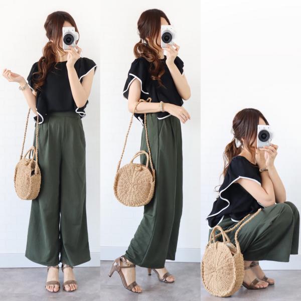 【目を奪われる】 エレガント ラウンドネック ギャザー飾り Ｔシャツ カジュアルパンツ 無地 2点セット 5,259円