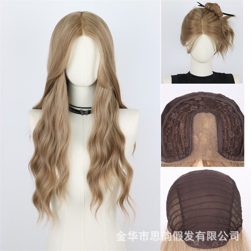 手織りuレース10*6フロントレース人工毛ムッシーブルーウォーターリップルロングカーリーヘア中分け前髪ヘッドギア