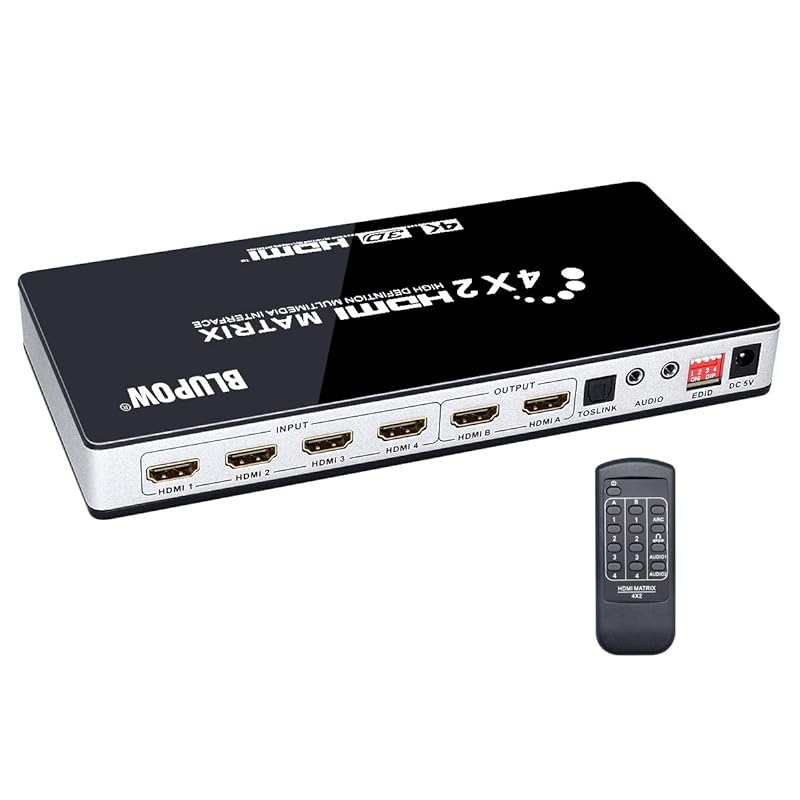 BLUPOW 4K30Hz HDMIマトリックス セレクター 4入力2出力 + 音声分離(光デジタル3.5mmステレオ音声出力) HDMI1.4HDCP1.4ARC対応 異なる解像度出力可能ダ