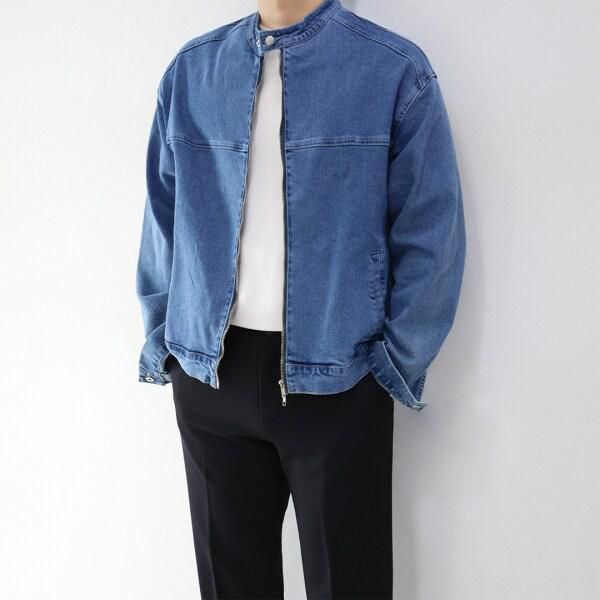 メンズ オーバーフィット 春秋 ヘンリーネック ツーウェイ スパン デニム ジャケット