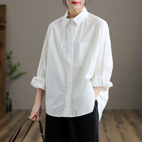 【取寄：納期2週間】長袖シャツ レディース ブラウス シャツ トップス フロントボタン 襟あり シンプル 無地 胸ポケット カジュアル きれいめ 綿 コットン オフィス デイリー オールシーズン 5,502円