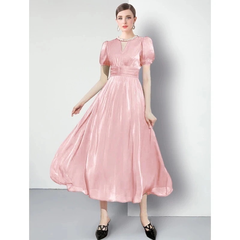 VネックピンクAラインワンピース（デザイン性重視） 入学式 卒業式 結婚式 演奏会 パーーティー お呼ばれドレス