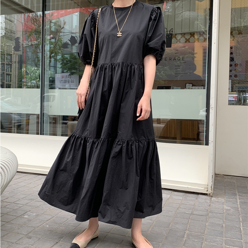 ワンピース ティアードワンピース ロング丈 アンクル丈 袖あり 五分袖 ボリューム袖 パフスリーブ ラウンドネック 襟なし フレア かわいい 大人可愛い きれいめ シンプル 上品 おしゃれ 大人可愛い