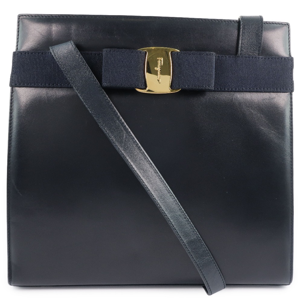 Salvatore Ferragamo サルヴァトーレフェラガモ ヴァラ ショルダーバッグ カーフ 紺 レディース 中古品