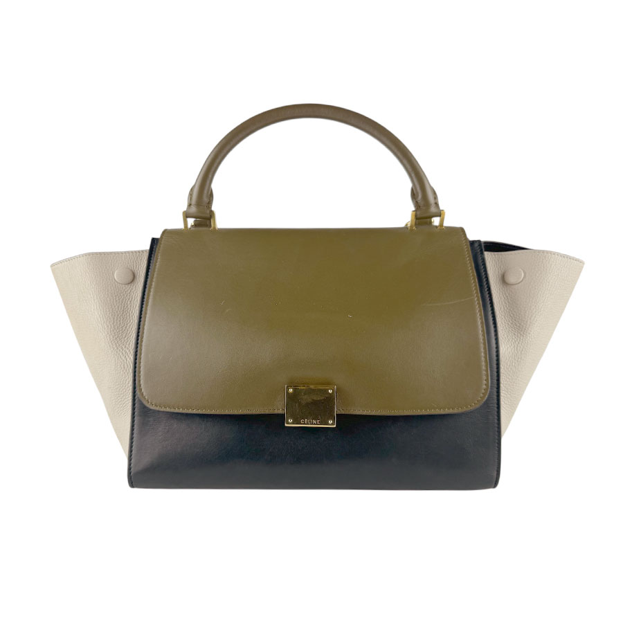 セリーヌ CELINE ハンドバッグ ショルダーバッグ トラペーズ レザー カーキ×ブラック×ライトベージュ レディース z8485