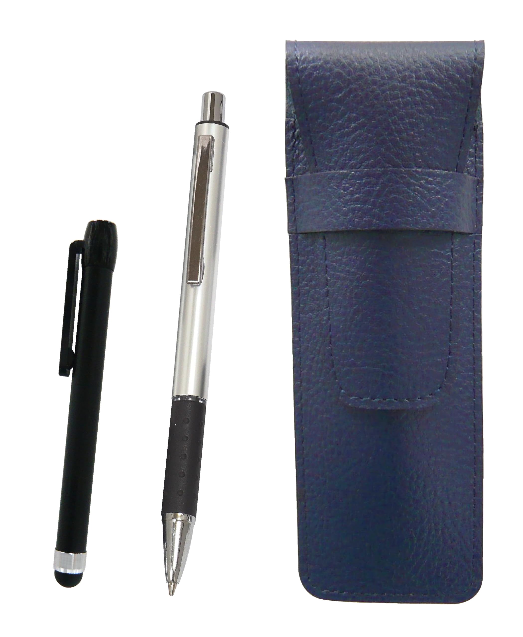 シボ革ペンケース青 メタルタッチ棒黒とメタル＆ピッチグリップシャープペンシルバー SASL-ALB-WZS2062SP
