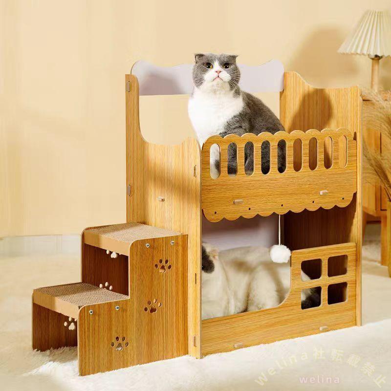 猫 爪とぎハウス 木製 二層 キャットハウス Welina 段ボール爪とぎ&階段付き 組み立て式 耐荷重30kg 高密度ダンボールで長持ち