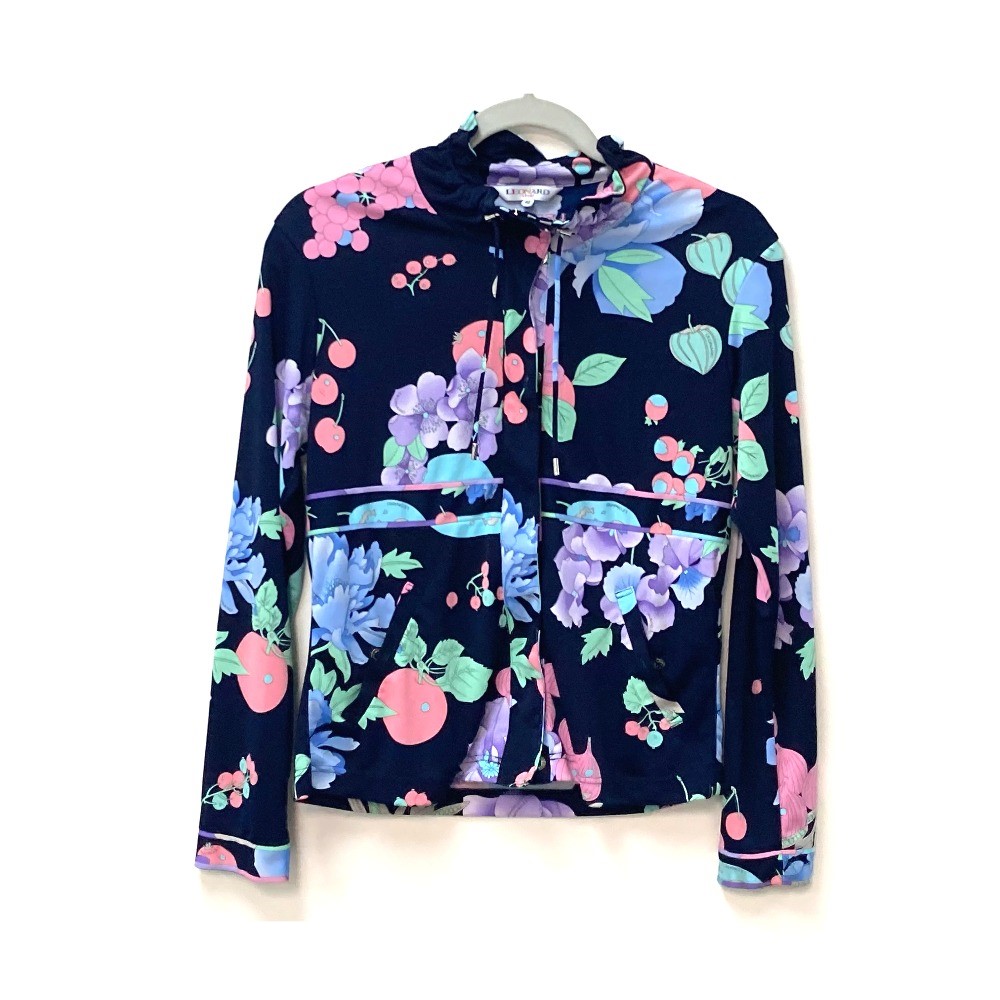 LEONARD レオナール カーディガン 花柄 フラワー アウター アパレル ジップアップ 長袖 ポリエステル ネイビー