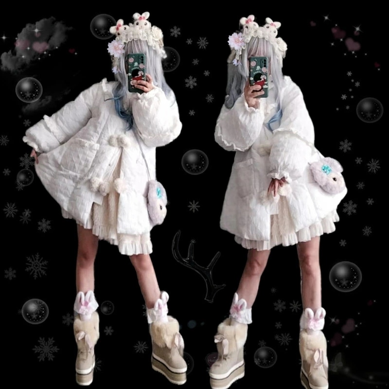 おしゃれ 新作 甘いロリータ コート レディース アウター ホワイトフリル中綿ジャケット ショートコート オーバーコート 厚手 通勤 二次会 防寒 アウター 秋冬用 軽量 アイドル衣装