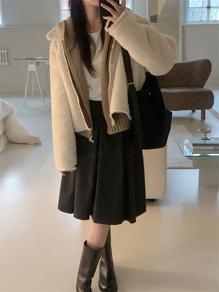 INSスタイル レトロ 上品映え 暖かい シンプル ネックイン 厚手 毛皮一体 ショートコート 気質 あったか タートルネック