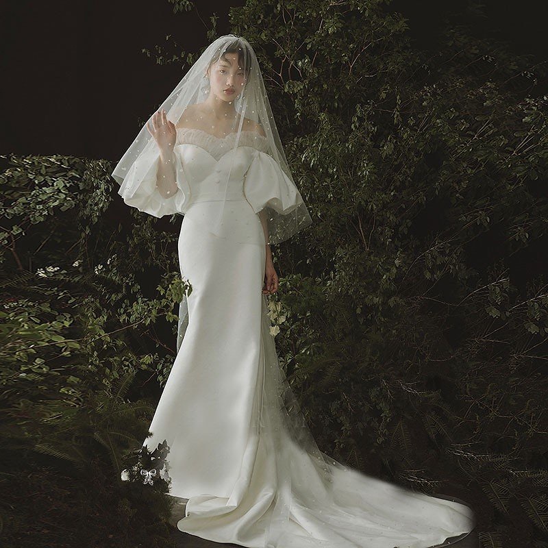 ウエディングドレス 袖あり 結婚式ドレス 白 二次会 安い エンパイア 花嫁 フォトウエディング ビ
