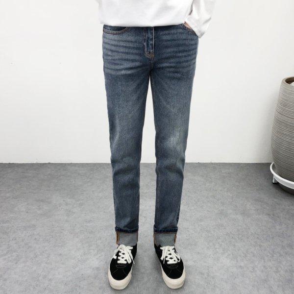 メンズ ビッグサイズ ストレートフィット ウォッシング ロールアップ ミディアムブルー スパン デニム ヴィンテージジーンズ