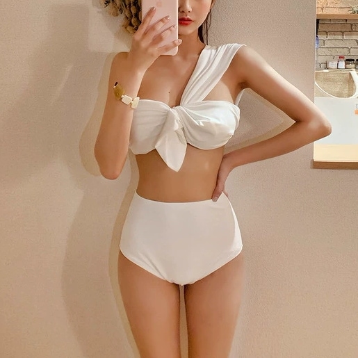 レディース 水着 スイムウエア セットアップ ビキニ セパレート ツーピース 上下セット ノンワイヤー パット付き ワンショルダー ハイウエスト 伸縮性 かわいい 大人可愛い きれいめ シンプル