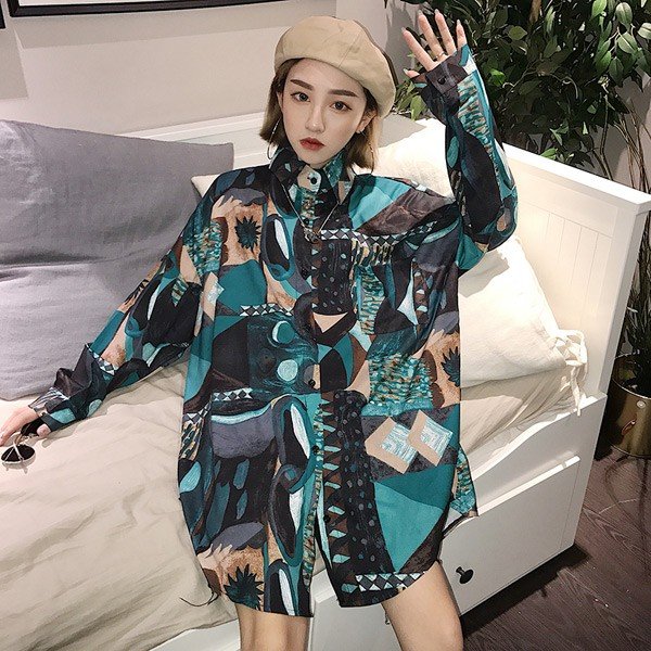 柄シャツ ブラウス 長袖 配色 総柄 アート ビッグシルエット ダンス 衣装 韓国 ファッション 大 4,995円