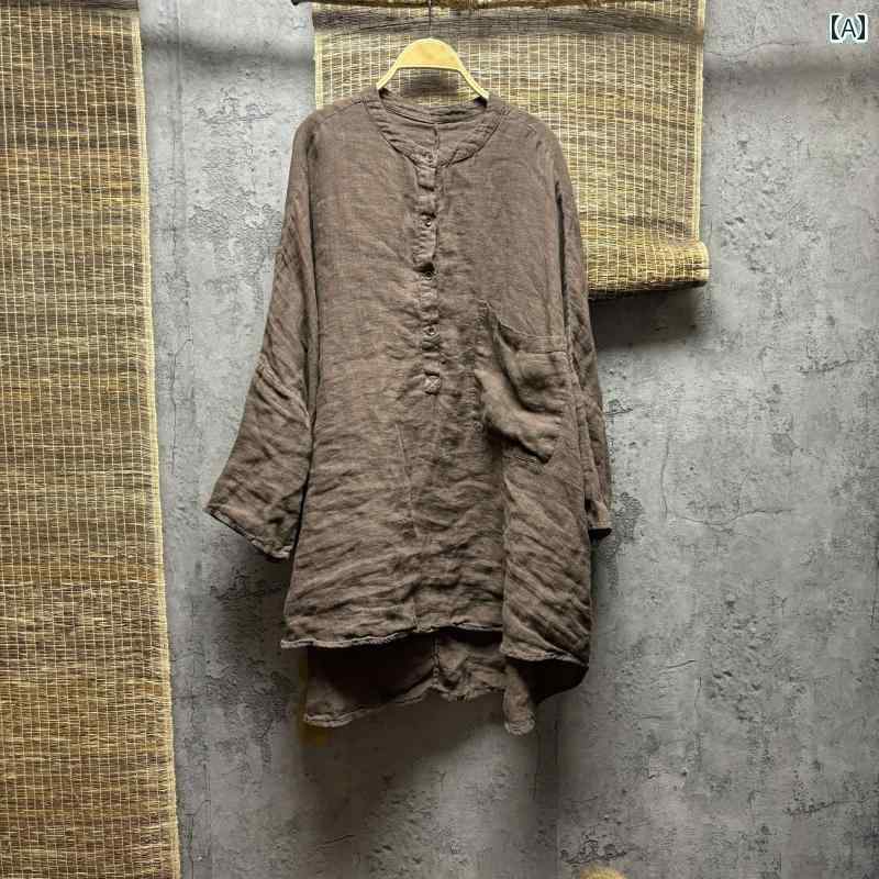 レディース　　シャツ　トップス秋 麻 24171 文学 レトロ ポケット 長袖 ミドル 丈 リネン ボタン ドロップ ショルダー シャツ トップテン