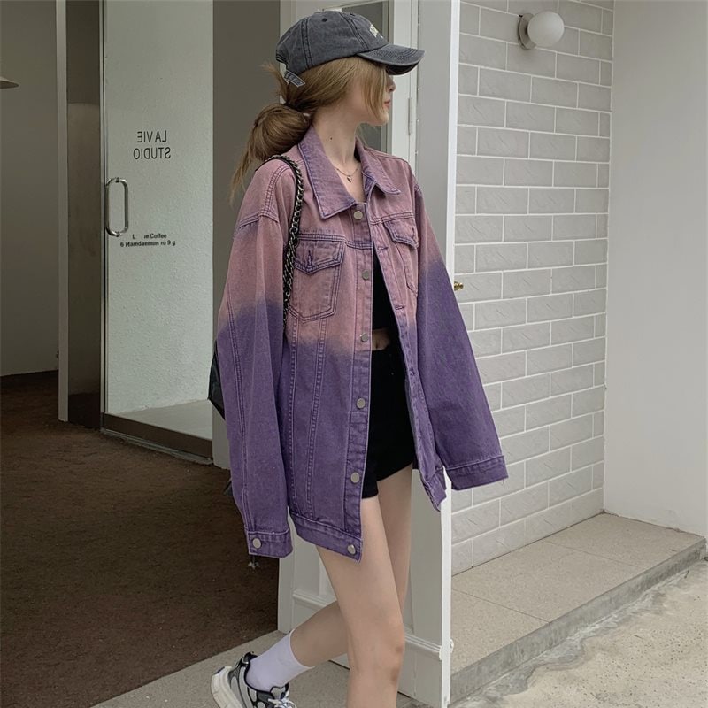 春と秋の女性用デザインウォッシュグラデーションパープルデニムジャケットミドル丈ルーズbfスタイルソルトスタイルジャケット 11,524円