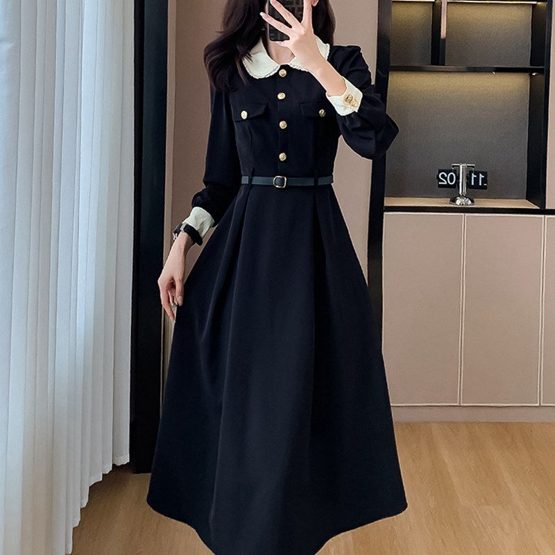 秋と冬の新しいフランスの光豪華な気質黒偽の長袖ドレスのツーピースセット ヘップバーンスタイルレトロ小さな黒いドレスサブ ワンピース 韓国 ワンピース ドレス ロングワンピース シャツワン