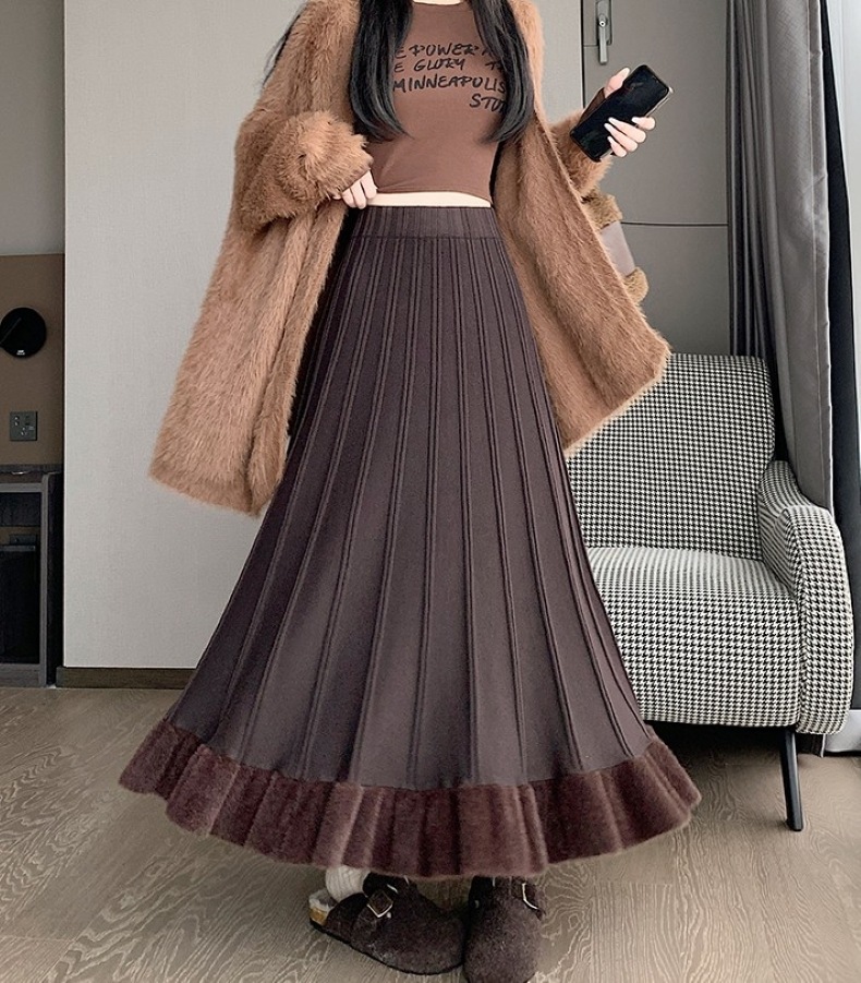 ニットスカート レディース スカート ロングスカート プリーツスカート ミモレ丈 ロング 裾ボアフリル ハイウエスト ウエストゴム リブニット 伸縮性 厚手 きれいめ 大人 おしゃれ 大人女子