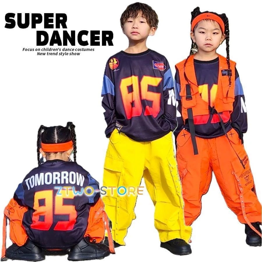 新しいダンスウェア キッズダンス衣装 セットアップ ヒップホップ 衣装 黒 イエロー オレンジ K-POP 韓国 派手 子供ダンス服 ナンバリング Tシャツ パンツ2つの方がお得です