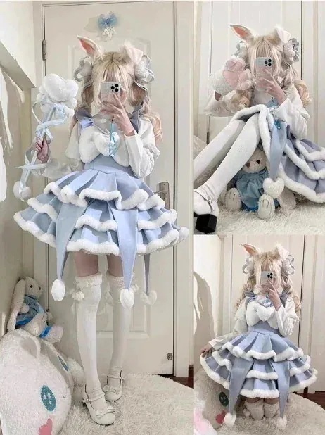 クリスマスコスチューム青と白のスリーピースぬいぐるみロリータドレスjskキュートで甘いプリンセスドレス30パーセント割引