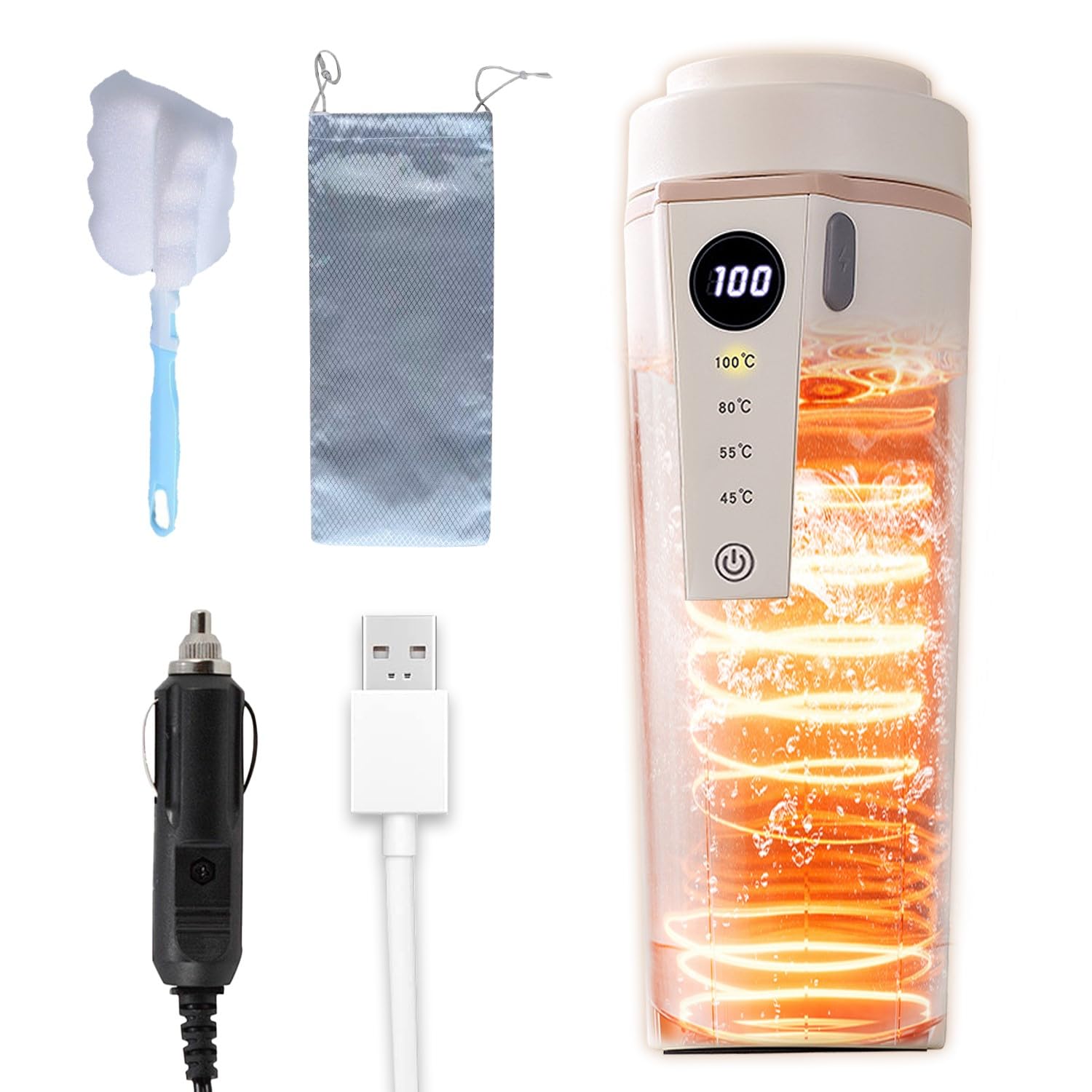 SMARTABL 車載電気ケトル 車用電気ポット DC12V対応 SUS316ステンレス 大容量500ml シガーライター＆USB給電 45℃/55℃/80℃/100℃温度調整 LEDディスプレイ 湯