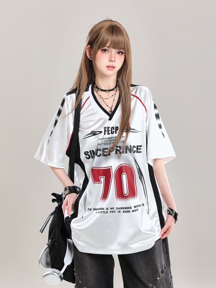 2025春夏 韓国可愛い風トップス Tシャツ K-POPファッション半袖ストリート系サイド丈フットシルエットシャツ衣装レディースサイズVネックユニセックスおしゃれカジュアル春メンズダンスラグラン配色T