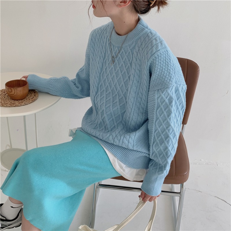 【セットアップ】ブルーツイストセーター＋ニットスカート プルオーバーニットセーター長袖トップス 韓国 ルーズ オルチャン a1453
