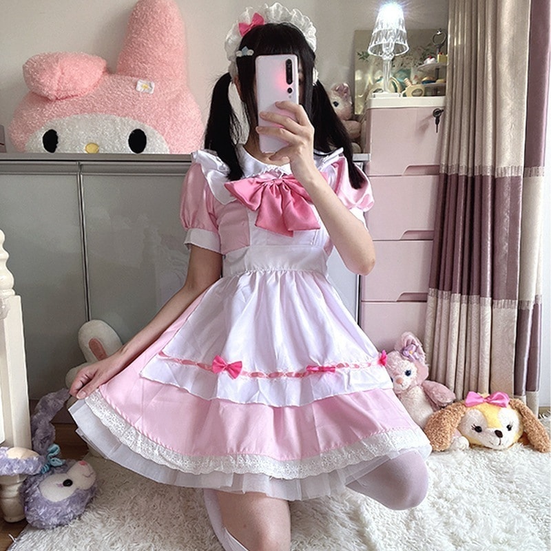 韓国甘いかわいいピンク白いメイド服コスプレロリータ にじげん柔らかい妹メイド せいふく 4,506円
