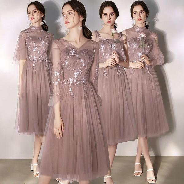 ブライズメイド ドレス ミモレ丈 4タイプ 半締め上げ Ｖネック ノースリーブ 結婚式 体型カバー オフショルダー チョコレート 謝恩会 二次会 卒業式 花嫁