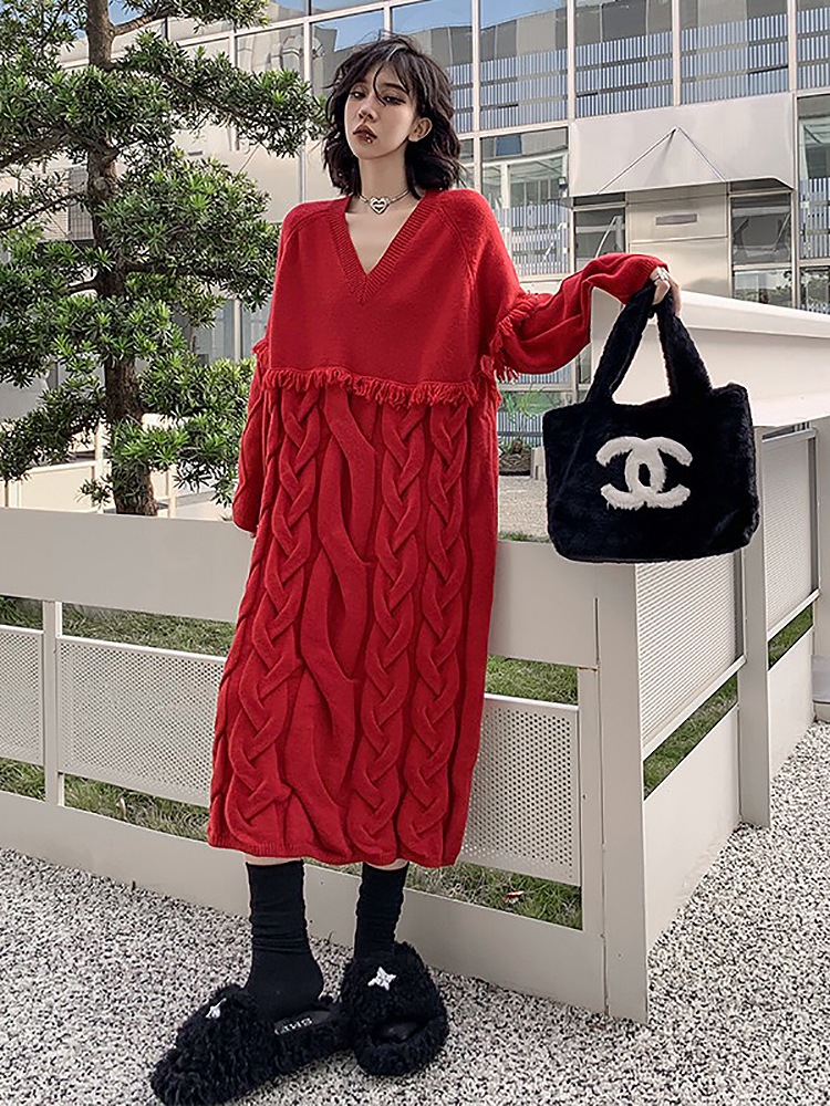 Vネックツイストニットワンピース ニットワンピース レディース ロング丈 長袖 厚手 Vネック ニット セーター フェミンン アメカジ カジュアルストリート ガーリー パーティー お洒落 秋冬