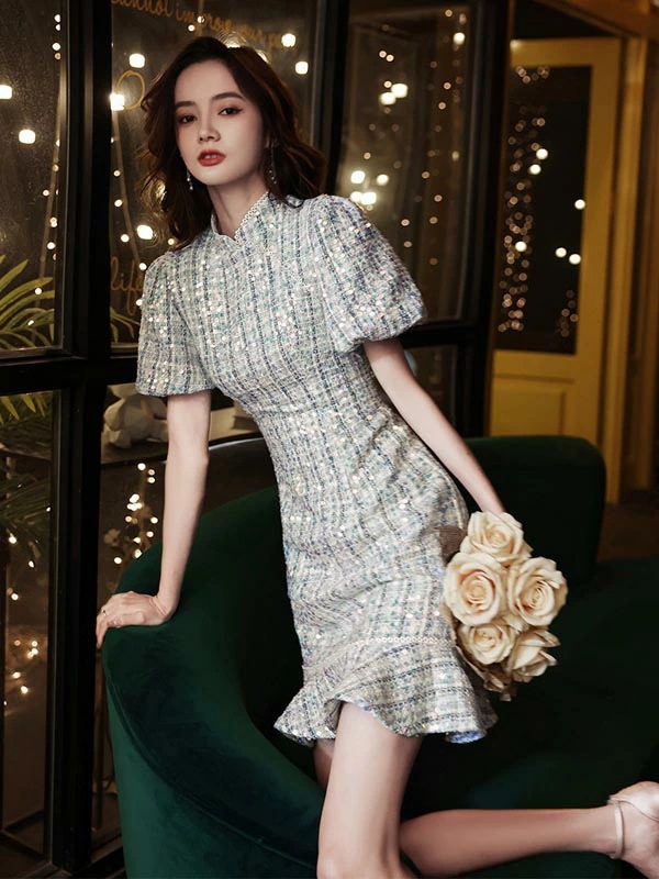 スレンダーライン ロングドレス 演奏会用ドレス 舞台衣装 ブルー パフスリーブ パーティ カラードレス スレンダーライン ロングドレス 演奏会 舞台 発表会 結婚式 ステージ衣装 五分袖 カラオケ イ