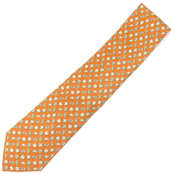 エルメス HERMES ネクタイ ボタン 9cm シルク オレンジ×ベージュ【中古】