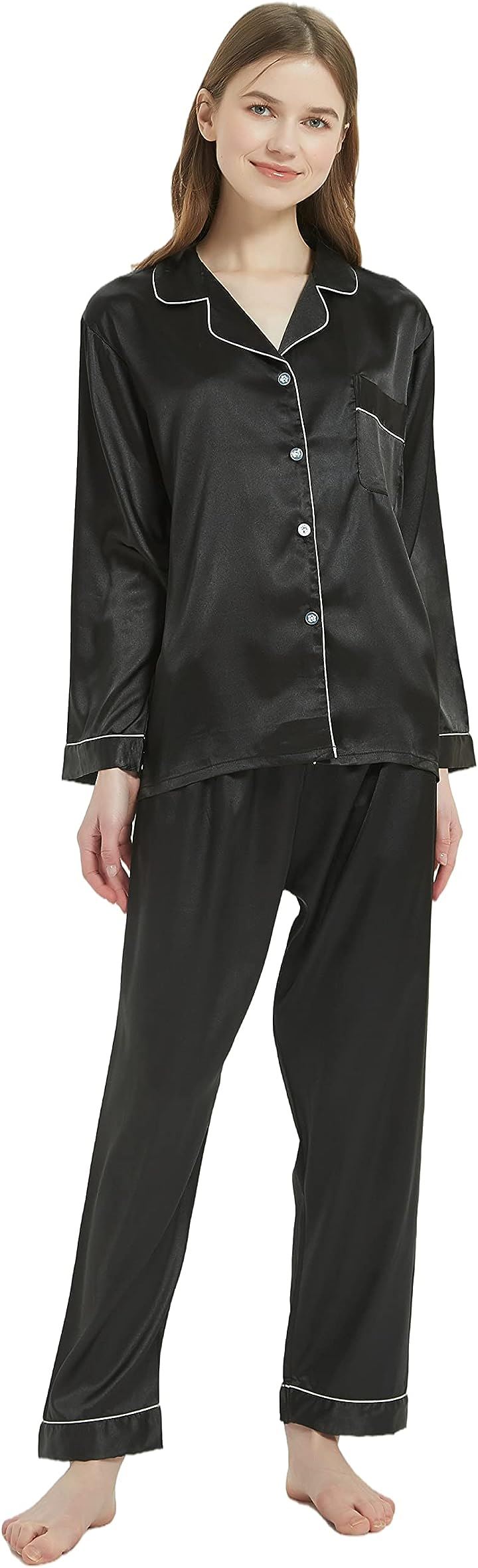 レディース パジャマ 上下セット ルームウェア 部屋着 長袖 前開き( ブラック, M)