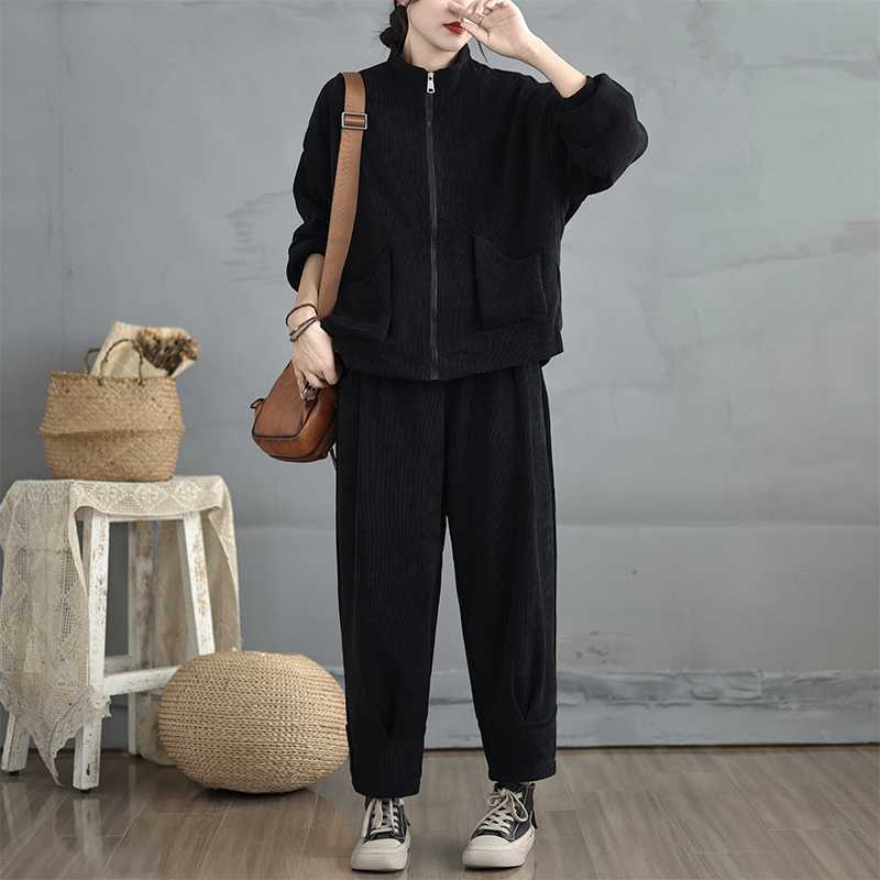 ファスナー 2024秋冬新品 「ファットガール」 上下セット スタンド襟 大きいサイズ セットアップ レディース メガ割 体型カバー コーデュロイ