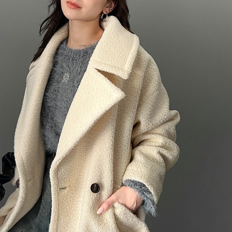 milybilet アウター ジャケット レディース ブークレー素材 タック ダブル ピーコート ゆるっと オーバーサイズ 体型カバー 肌触り 柔らか あったか 大きいサイズ