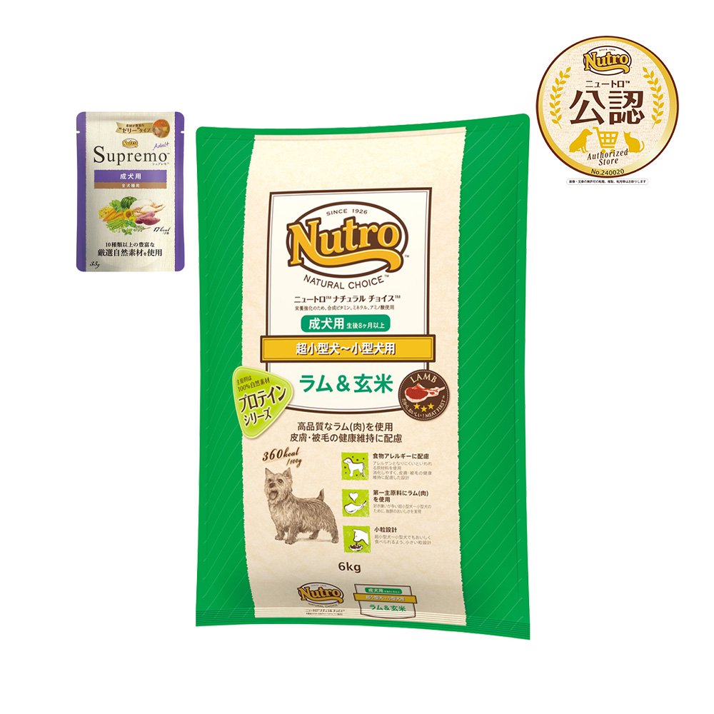 ニュートロ ラム&玄米 超小型犬ー小型犬用 成犬用 6kg+パウチ 1袋 おまけ付 CRC45―02―53―20―00