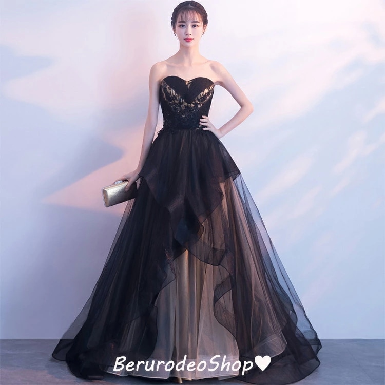 売り切れ注意イブニングドレス 黒 ノースリーブ ビスチェドレス ロングドレス 発表会ドレス ブラック 演奏会ドレス 結婚式ドレス 二次会ドレス お呼ばれドレス Aライン トレーンドレス 20代 30代